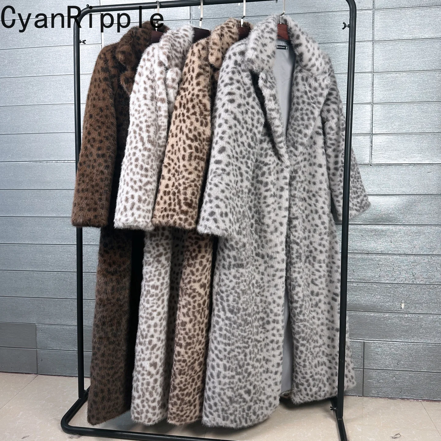 Leopard Print Imitation Mink Fur Overcoat New Winter Fashion Ultra Long Elegant Turn-down Collar Keep Warm Faux Fur Jacket Coat