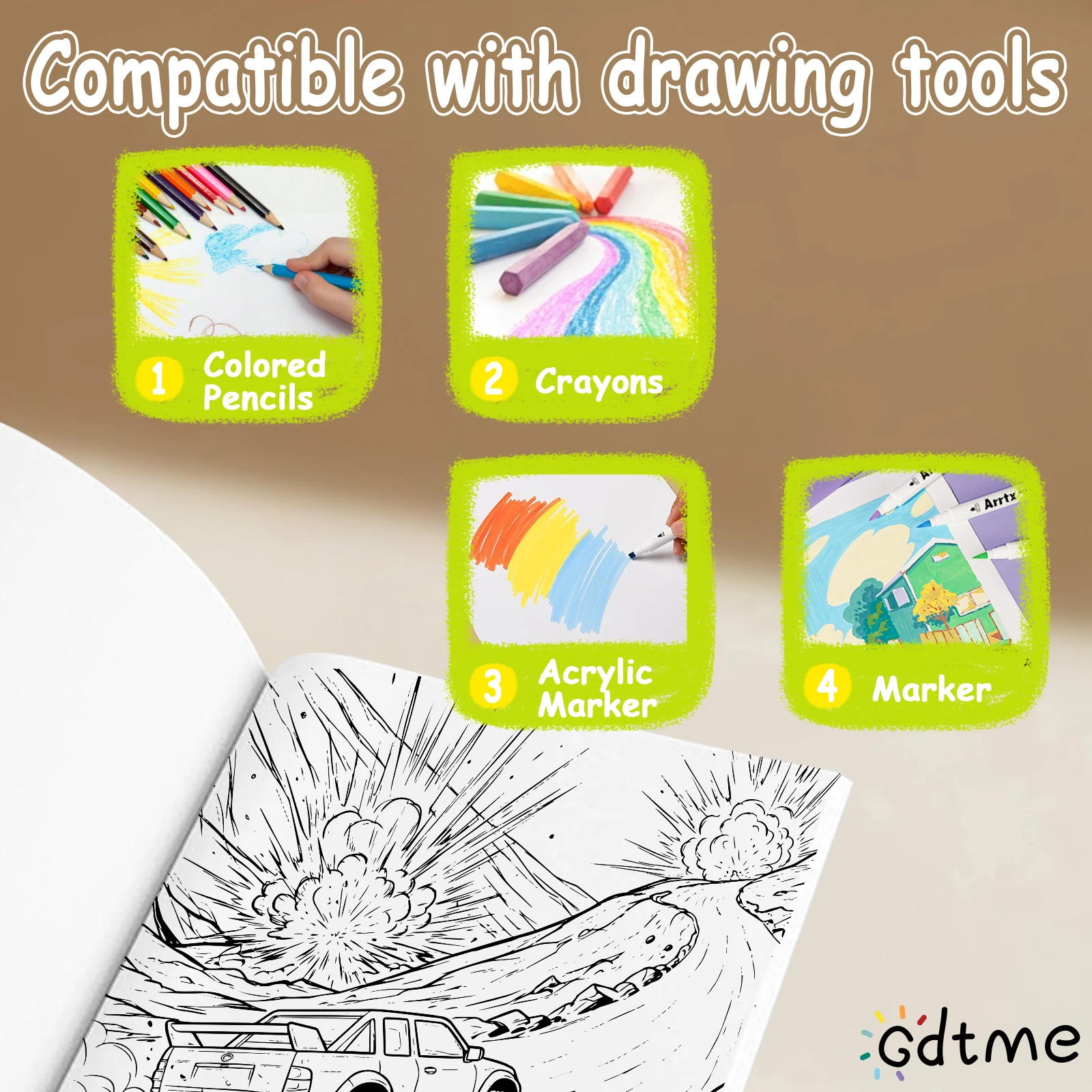 كتاب تلوين السيارة المتحركة الانجراف للبالغين، لعبة رسم مونتيسوري التعليمية لتخفيف التوتر والغطس الورقي ﻿