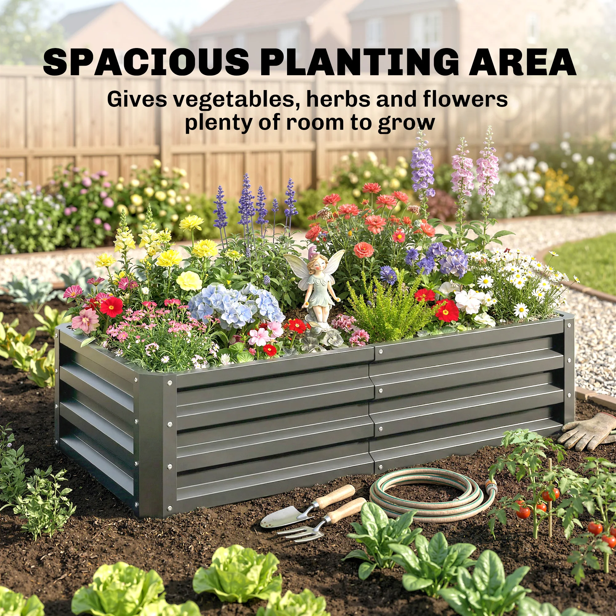 Raised Garden Bed Steel Planter Growing Box for Vegetables Flowers Light Grey
