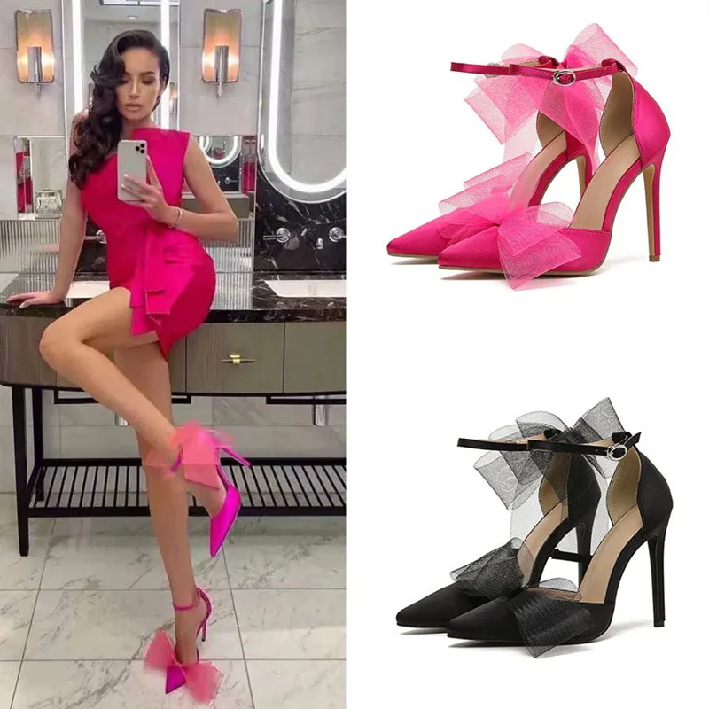 

Custom Hollow Sandals Sweet Bow Mesh Thin Heel Black High Heels Pointed Toe Women Shoes