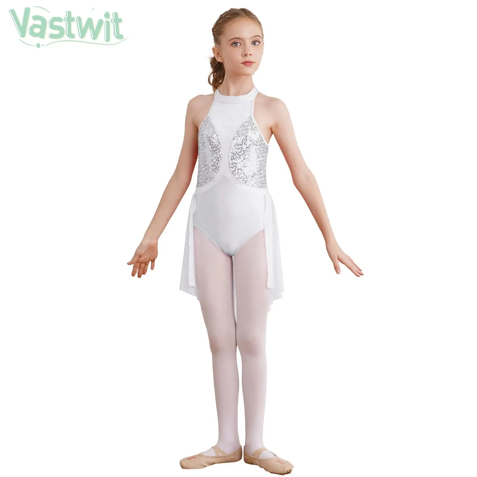 Children Girls Lyrical Dance Performance Costume Sleeveless Sequin Figure Ice Skating Ballet Gymnastics Leotard Dress Dancewear