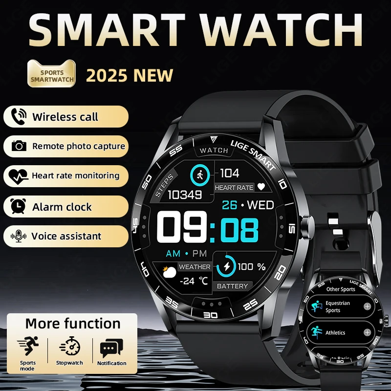 LIGE Smart Watch Chiamata wireless Previsioni meteo Ricarica magnetica Impermeabile Controllo musicale Sport Uomo SmartWatch per Android IOS