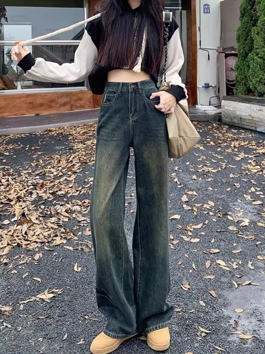 

Retro American Wide Leg Denim Jeans Women's High Waist plus Size Fleece Lined Drapey Slimming Straight Floor Length Pants