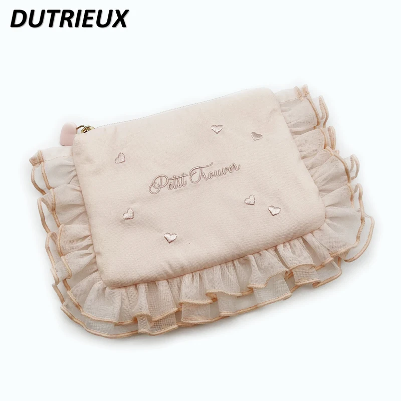 Fashion Japanese Style Sweet Cute Ladies Love Embroidery Soft Yarn Lace Tissue Bag Elegant Casual Storage Bags for Women