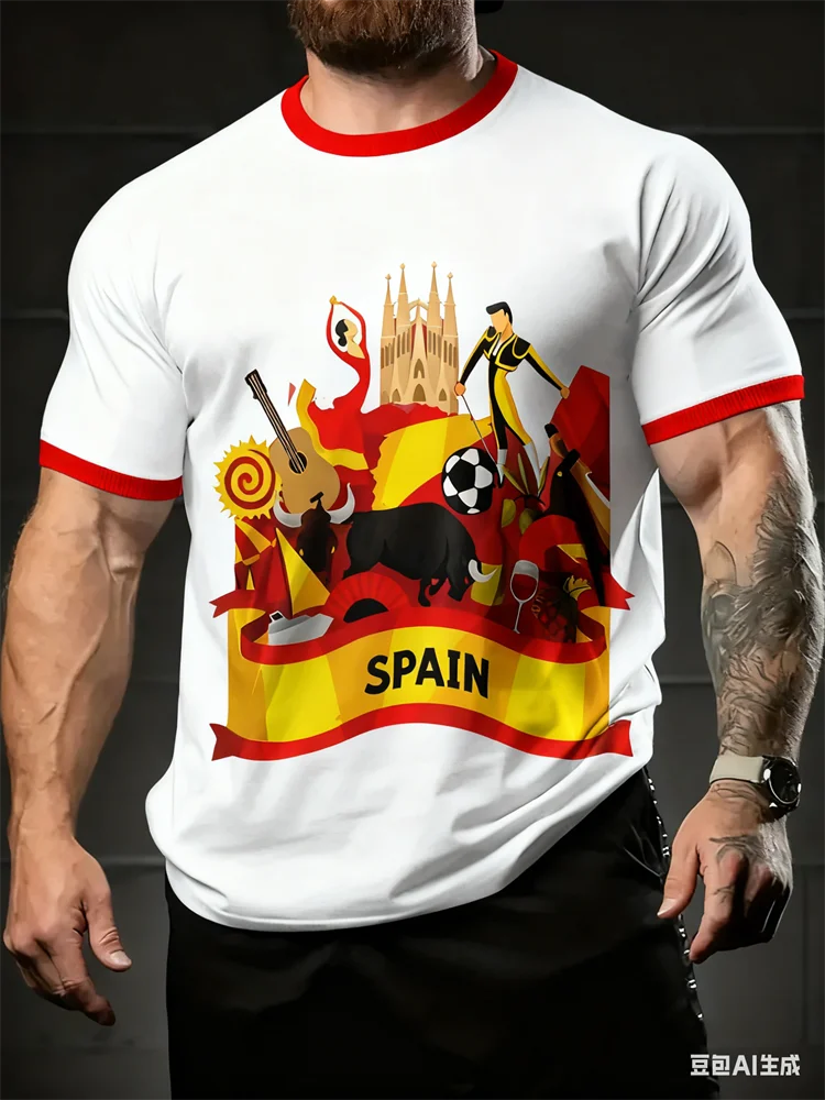 Vintage Spain Graphic T Shirt For Men 3D Spanish Flag Printed Oversized Crew Neck Short Sleeve Tops Daily Leisure Streetwear Tee