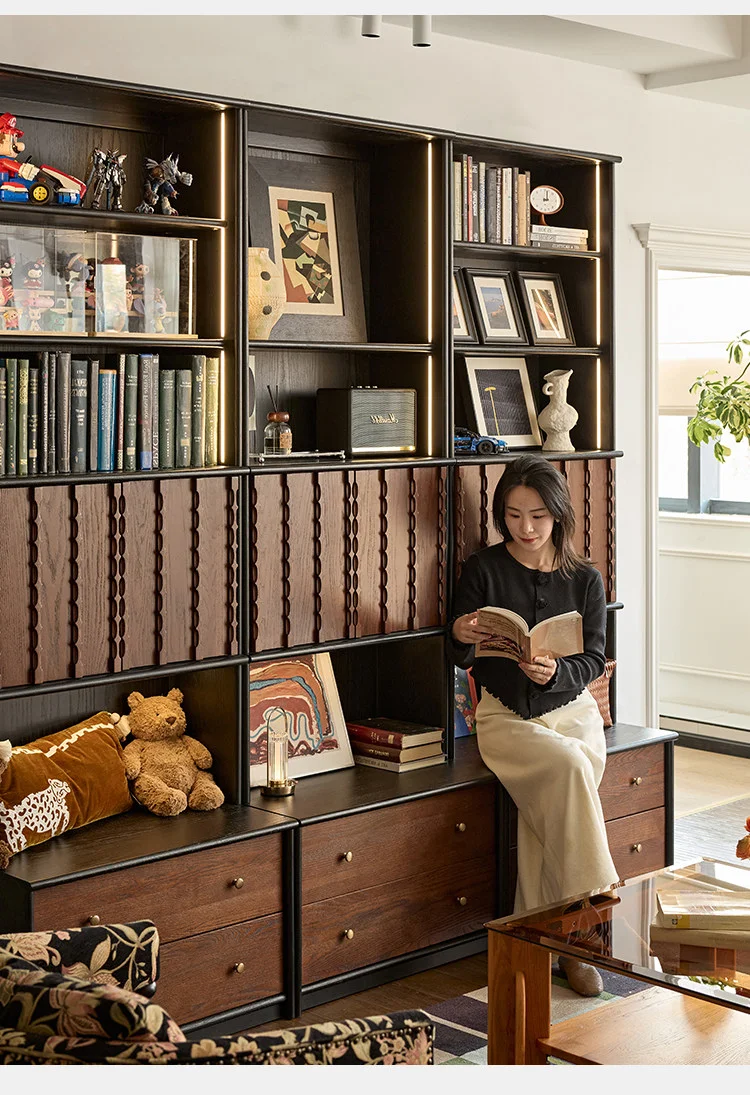 Full wall bookcase integrated whole wall living room display cabinet with glass card seat bookcase