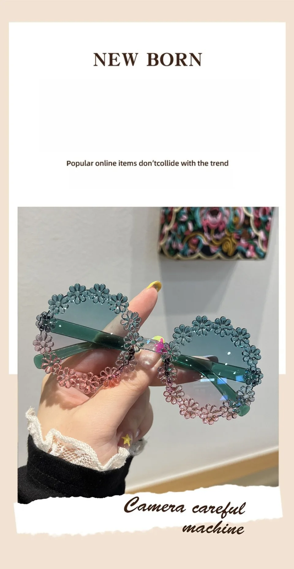 Blumenförmige Sonnenbrille für Mädchen, stilvolle mehrfarbige Dekor-Sonnenbrille für Kinder, trendige neue süße Kinder-Sonnenbrille – Detail 1
