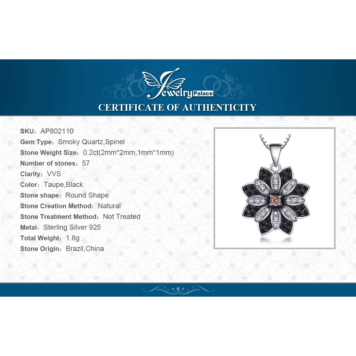 JewelryPalace Flower Natural Smoky Quartz Black Spinel 925 Sterling Silver Necklace Pendant for Women Fine Jewelry Without Chain