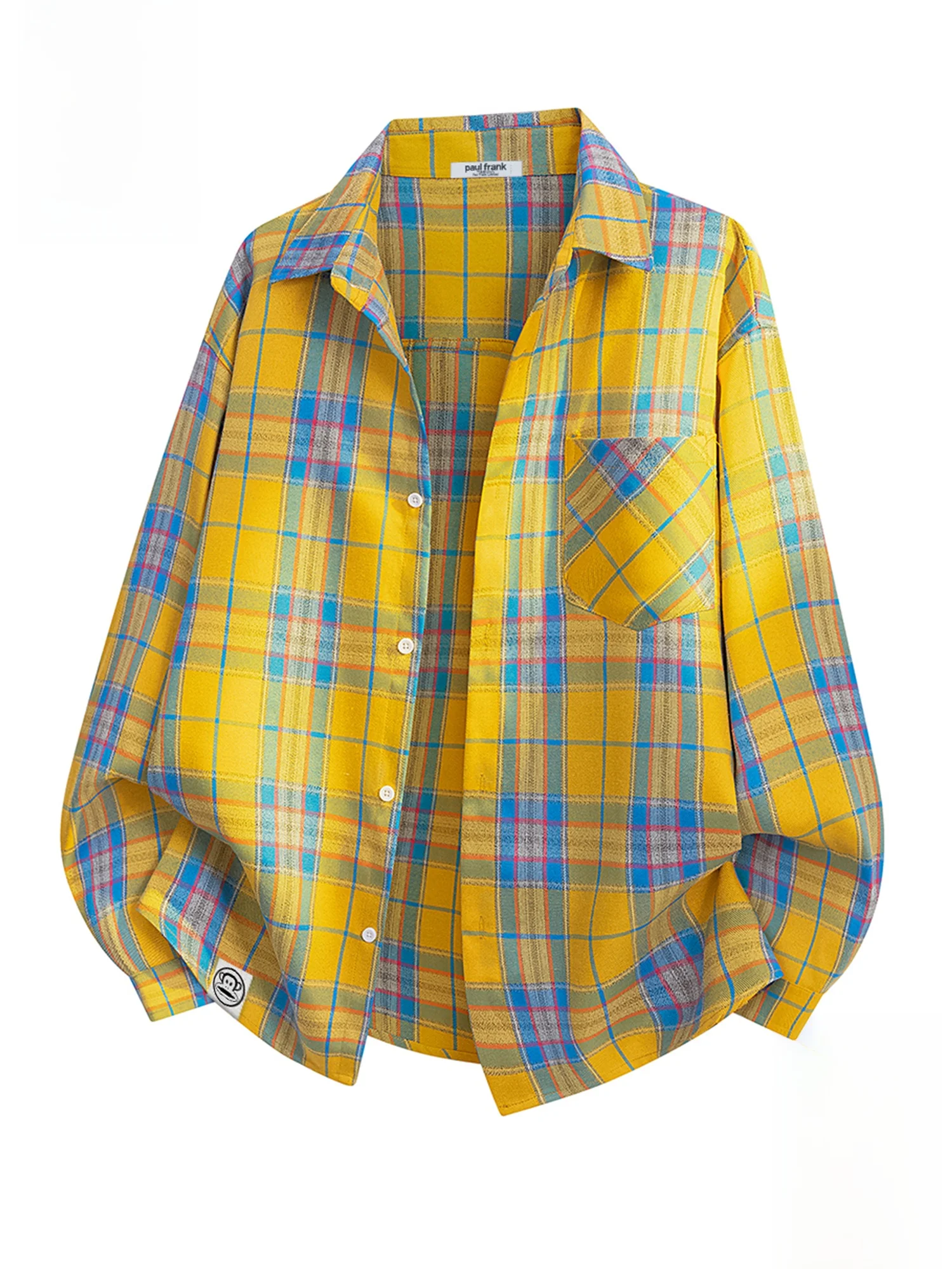 

PaulFrank Large Mouth Monkey Yellow Plaid Long Sve irt Men's Loose Casual Spring Couple Sle Polyester Fiber irt