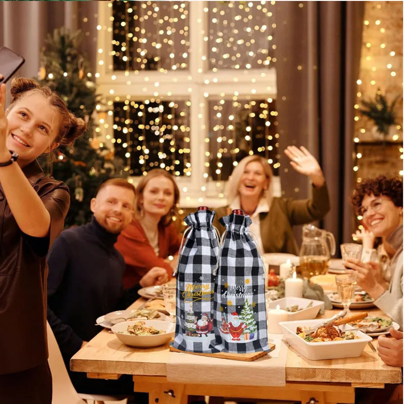 20pcs/lot 15*35cm (5.9*13.8in) Christmas Theme Wine Bottle Packaging Bag Festive Party Drawstring Gift Bags Pouches