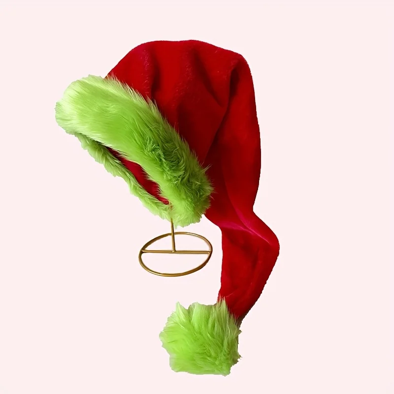 Weihnachtsmannmütze, Goldglitzer-Samtmütze mit Grünem Kunstfellbesatz, Rote Herz-Applikation Bommel Feiertagsmütze für Damen und Herren – Detail 4