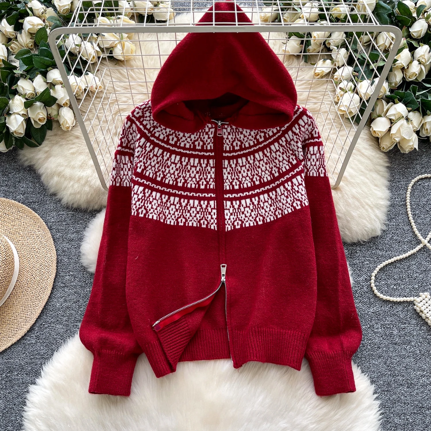 Cardigan con cappuccio jacquard con doppia cerniera Autunno Inverno Nuovo maglione lavorato a maglia a maniche lunghe Casual con giunture larghe Cappotti caldi versatili