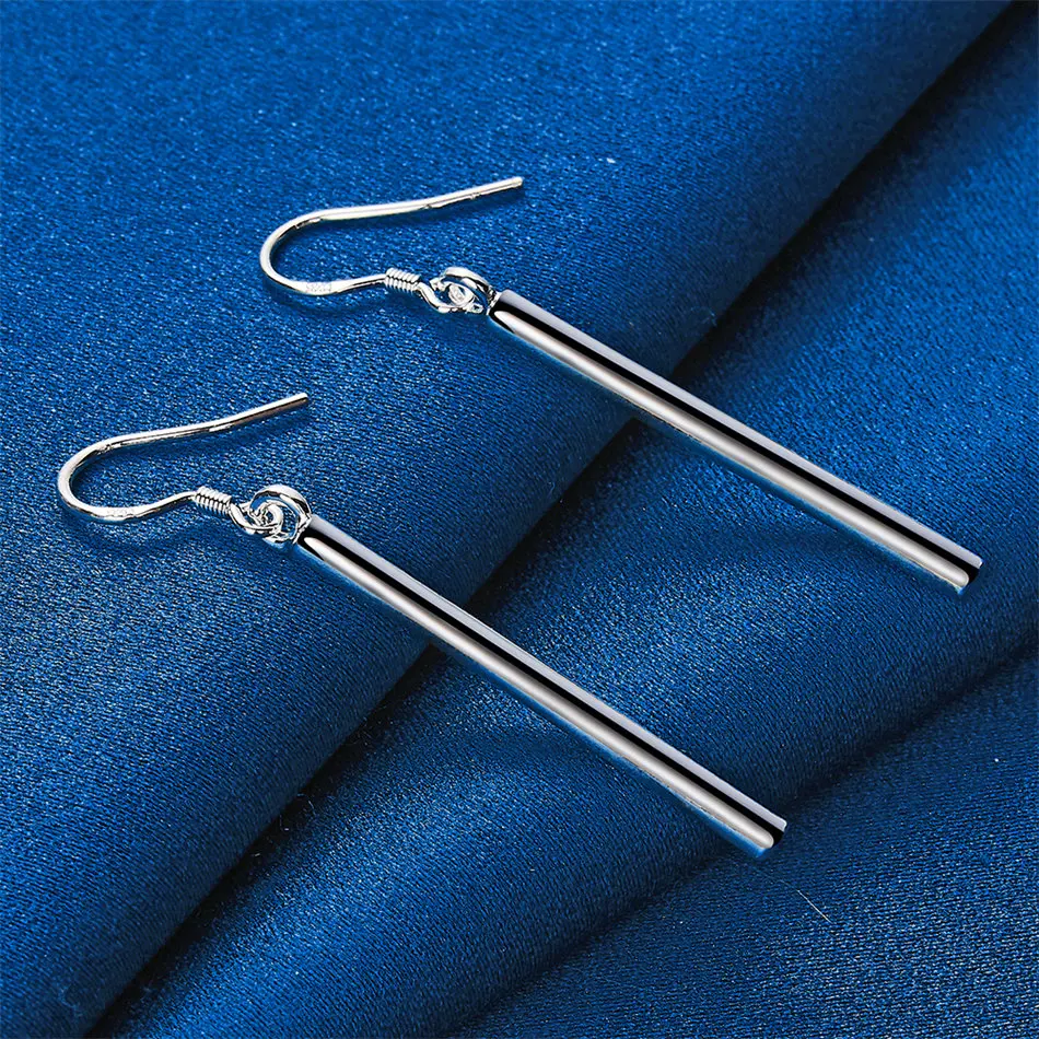 A pair of 925 sterling silver long cylindrical pendant earrings for men and women, fashionable wedding jewelry accessories