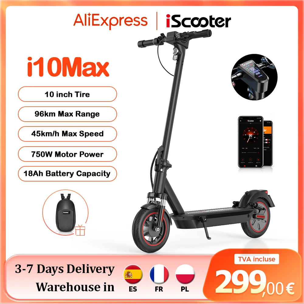 iScooter i10Max Electric Scooters 750W 10inch Scooter for Adults 80-96km Ultra Long Range 18Ah 45km/h Electric Kick Scooter