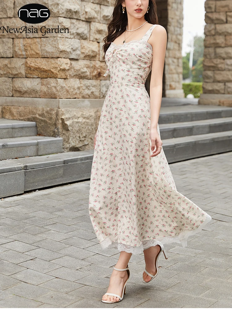 NewAsia Women 2026 Summer Floral Maxi Dress Vintage Spaghetti Strap Backless A Line Sundress Casual Boho Beach Party Long Dress