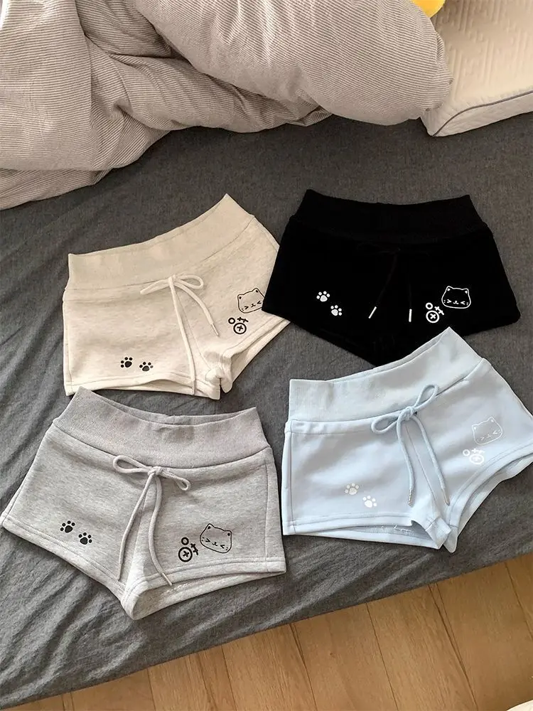 Japanese Sweet Shorts Kawaii Cute Cat Paw Print Shorts Women Multi Color Drawstring Waist Fitted Casual Sweat Shorts Outfits