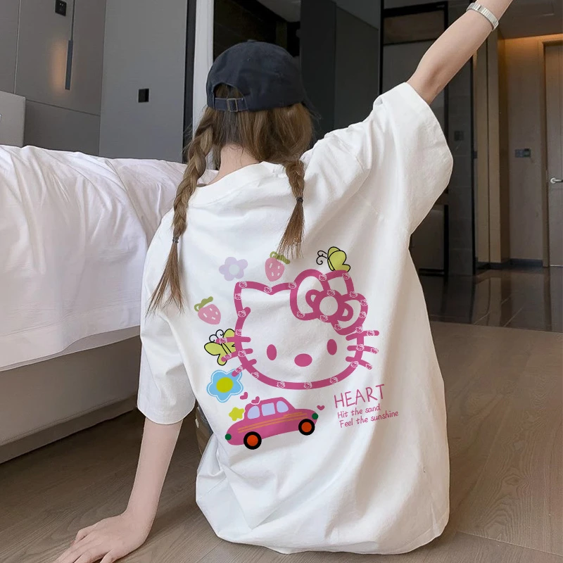 Kawaii Sanrio Hello Kitty Cartoon Y2K T Shirt Girl Cute Anime Kitty Cat Harajuku Ullzang T-shirt Graphic Streetwear Tshirt Women