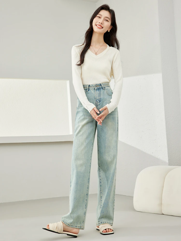 Vimly High Waist Straight Jeans Women 2024 Spring Retro Light Blue Full Length Wide Leg Denim Pant Woman Casual Trousers 72786