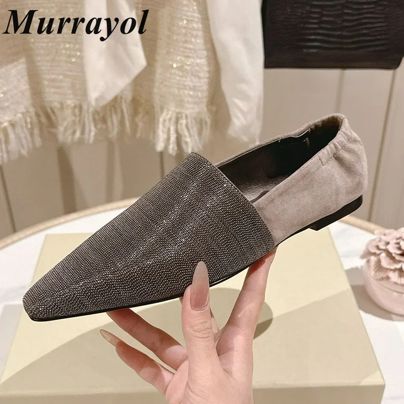 

Lazy Loafers Women's Genuine Leather Retro Bead Decoration Pointed Flat Shoes Spring Summer Versatile Single Shoes Bean Shoes