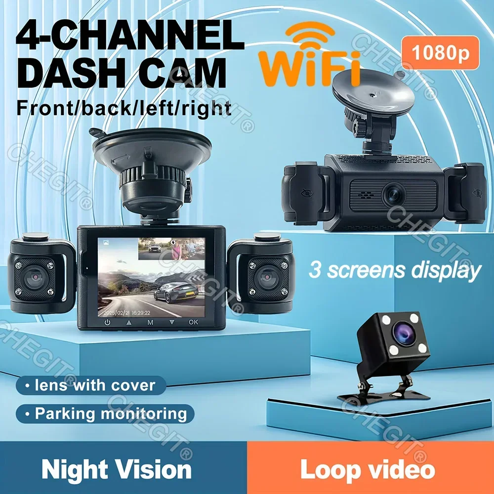 

360° Car Dash Cam 3/4 Channels Video Recorder WIFI 1080P Car DVR 3Lens Front left right Rear View camera Night Vision Black Box