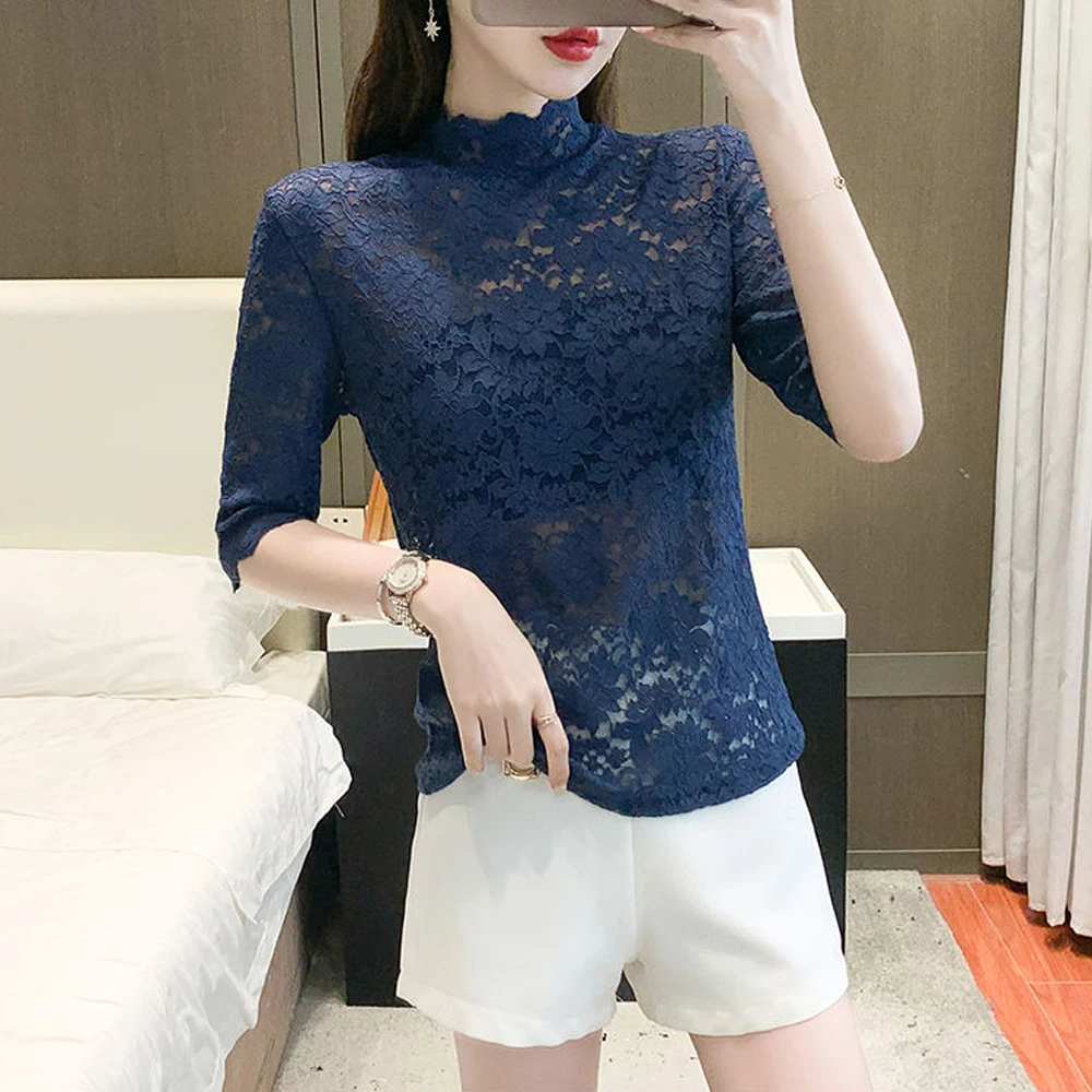 Spring Summer Flowers Lace T Shirt Women Elastic Stretch Petal Sleeve Female Blouses Turtleneck Short Sleeve Ladies S-3XL Tops