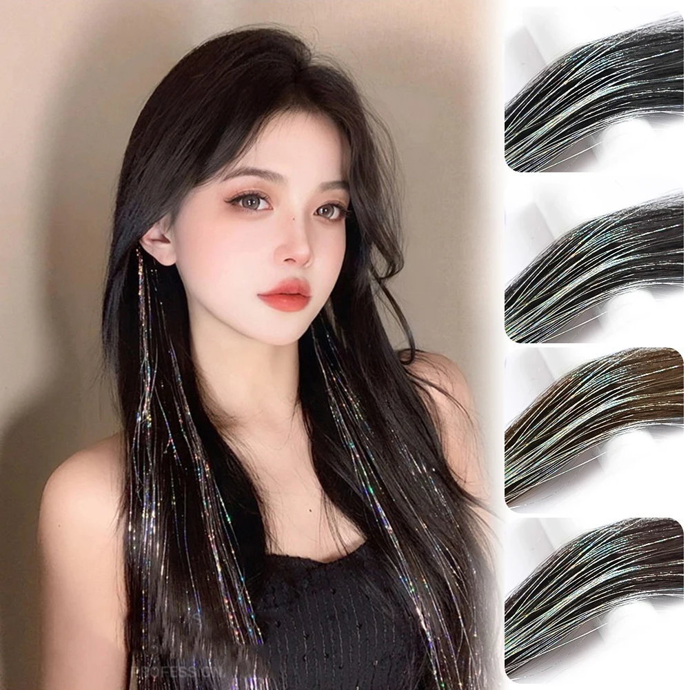 Dark Color Hair Extensions Highlights Silver Tinsels Synthetic Clip in Hair Shiny Hairpiece Holiday Party Highlights for Women