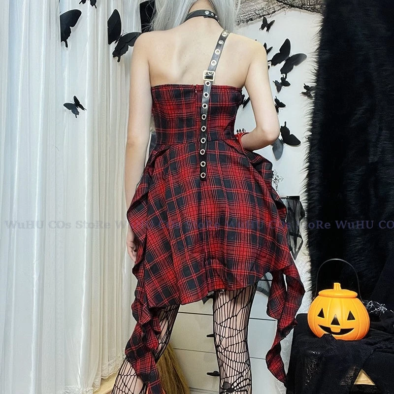 Y2k Kleid coole Mädchen sexy Kleid Ein-Schulter-Kleid Patchwork schwarz rot Rock Taille mit Gürtel Plaid Kleid Frauen Halloween-Kleid