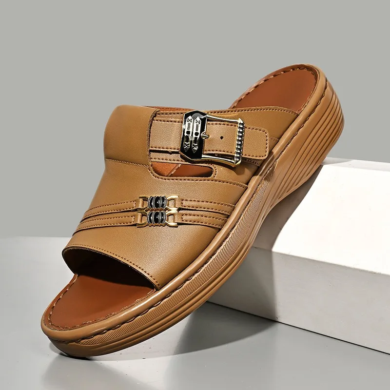 Men's Slippers High Quality Cow Leather Casual Slippers Fashion Platform Sandals Outdoor Non Slip Beach Slippers Chanclas Hombre