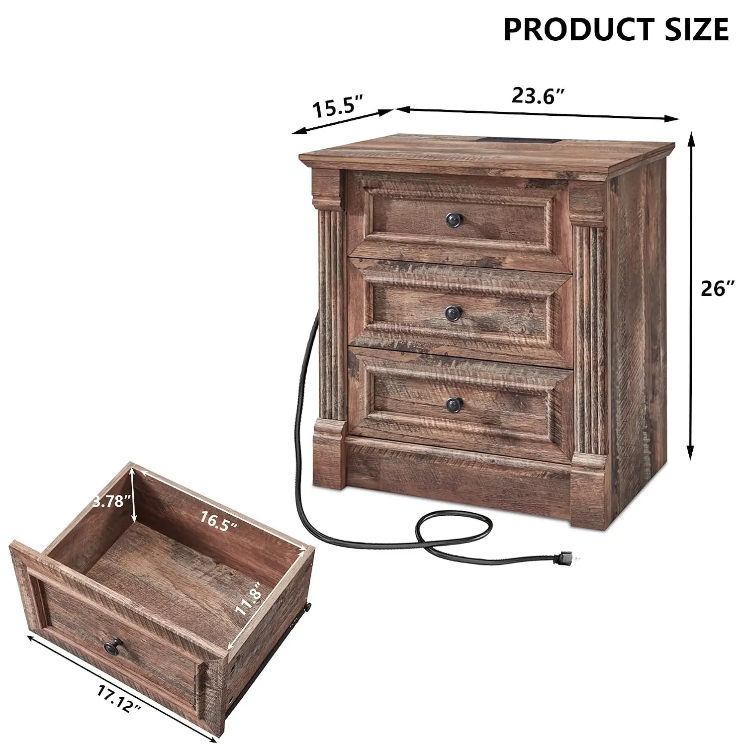 Farmhouse Nightstand w/Charging Station & 3 Drawers, Roman Column Wood End Table w/Metal Handle for Bedroom & Living Room, 26