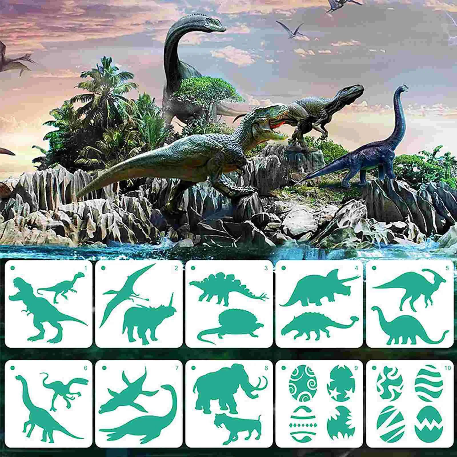 10 pçs modelo de dinossauro pulverização estêncil pintura artesanato compacto criança estênceis pintura artesanato sala de aula