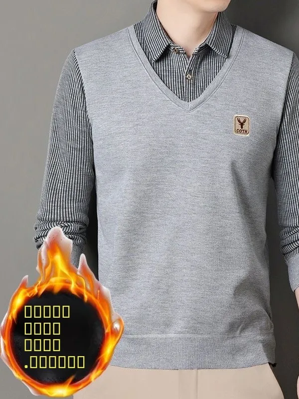 

High-End Men's Thermal Fce-Lined Thiened irt with irt Collar Middle-Aged Striped Base Layer Top Casual Knitwear