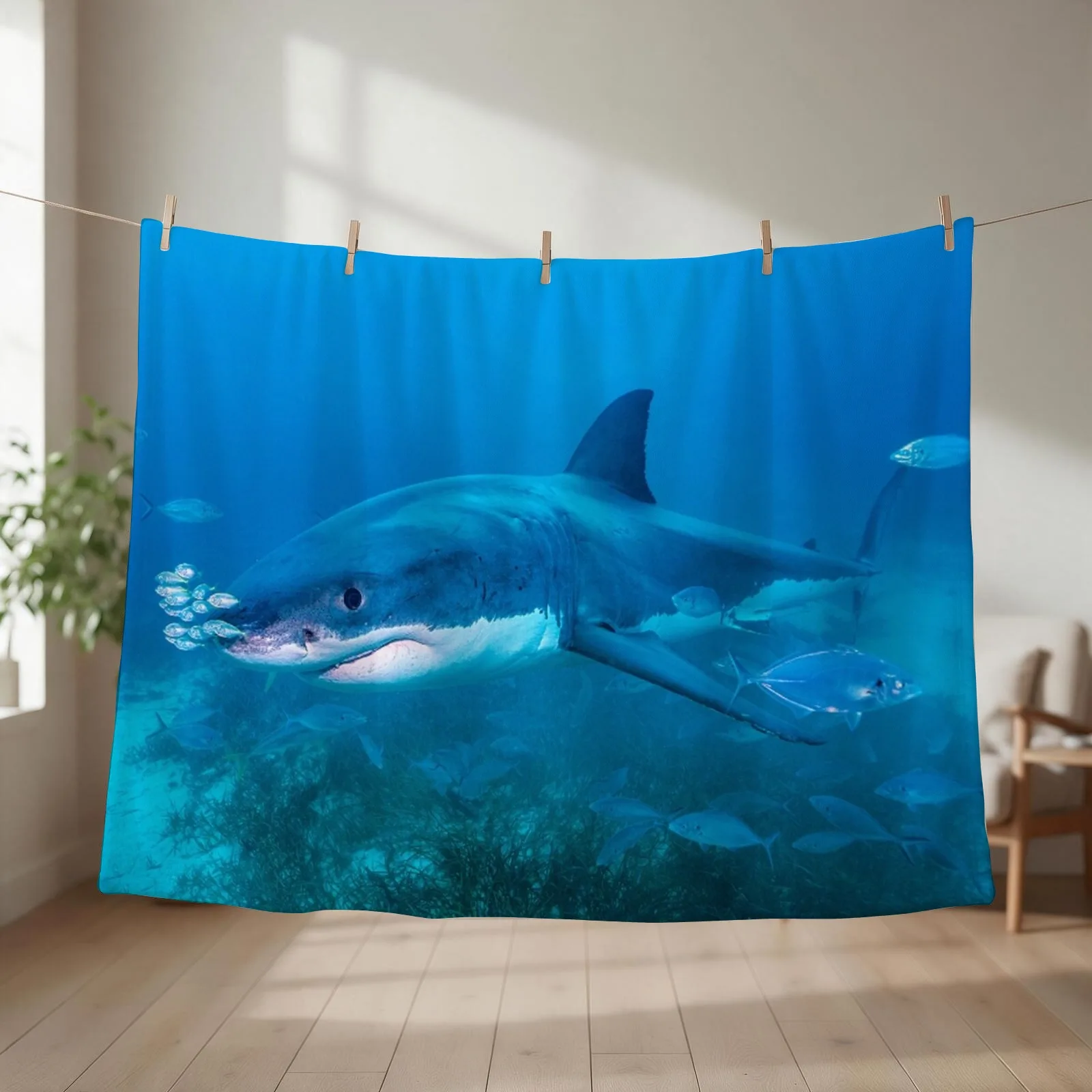Great White Shark Underwater Throw Blanket couch cozy soft plush fuzzy picnic outdoor blanket