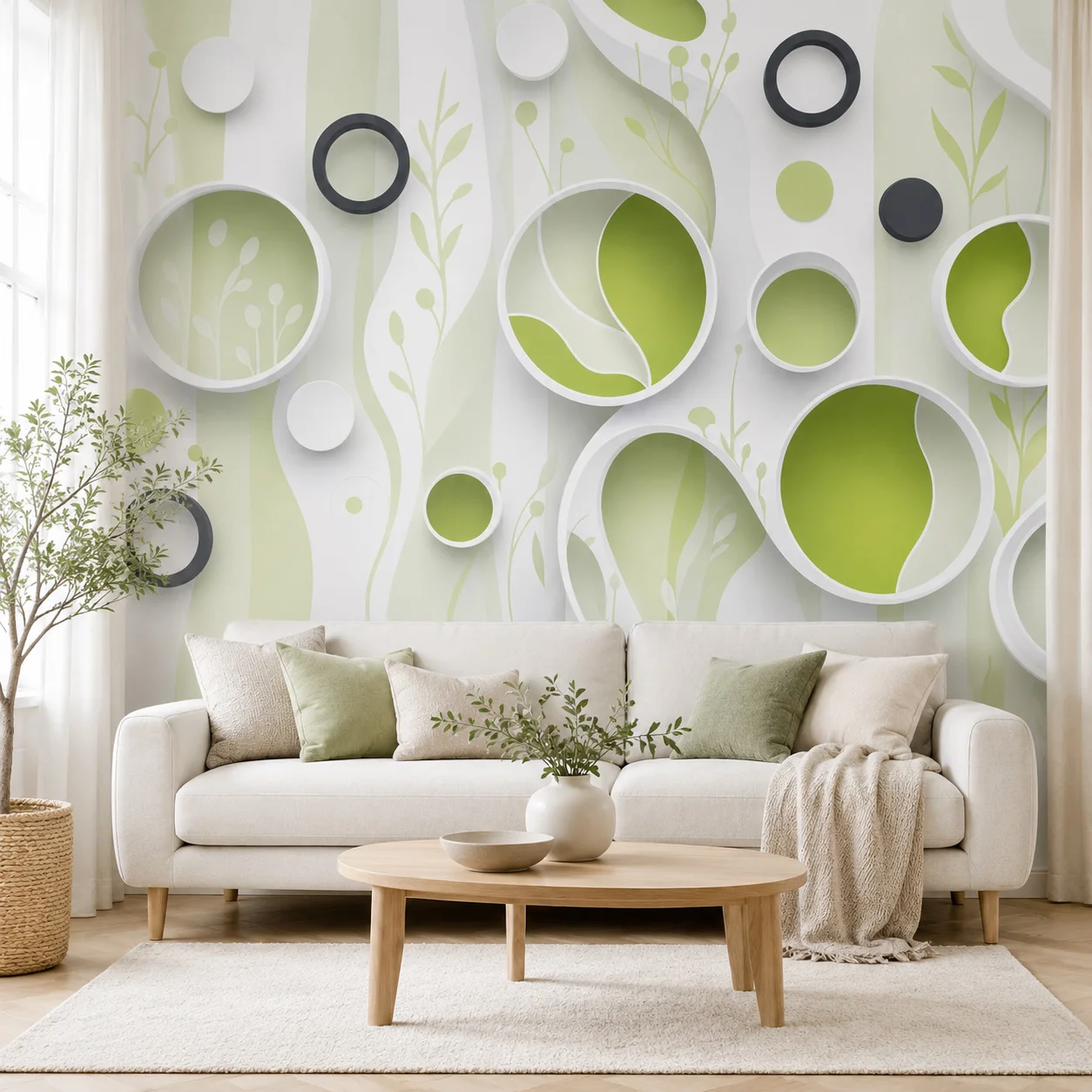 3D Green Abstract Wall Mural Modern Geometric Wallpaper Leaf Round Decor Non Self Adhesive Living Room Bedroom Luxury Wall Decor