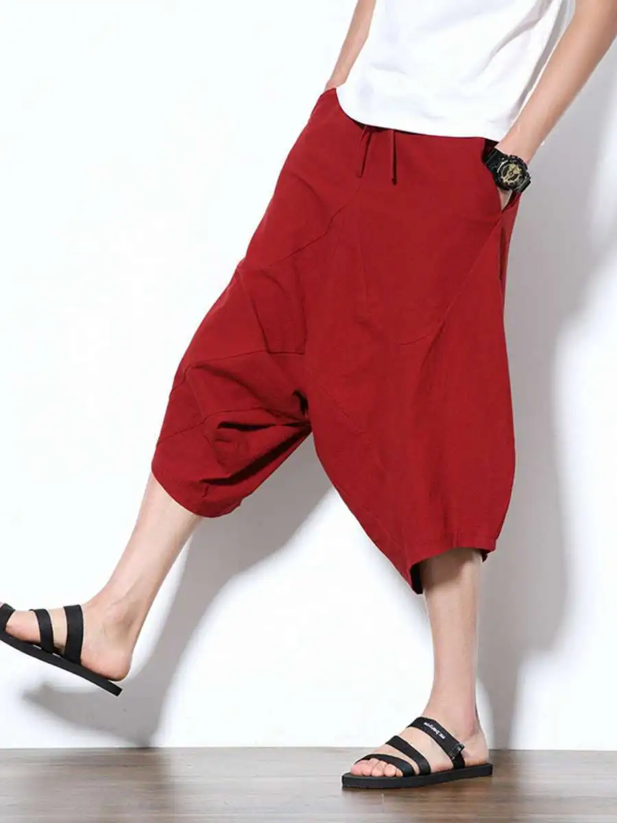 

Новые летние льняные шорты с широкими штанинами для мужчин, пляжные брюки свободного кроя, легкие, длиной 7/8, удобные, дышащие