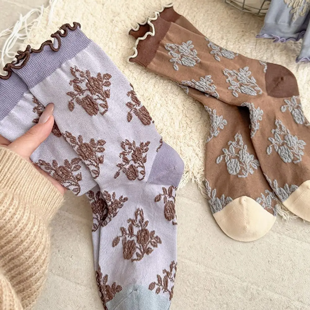 

New Casual Flower Socks Sweat Absorption Retro Mid Tube Socks Breathable Ruffle Socking Autumn