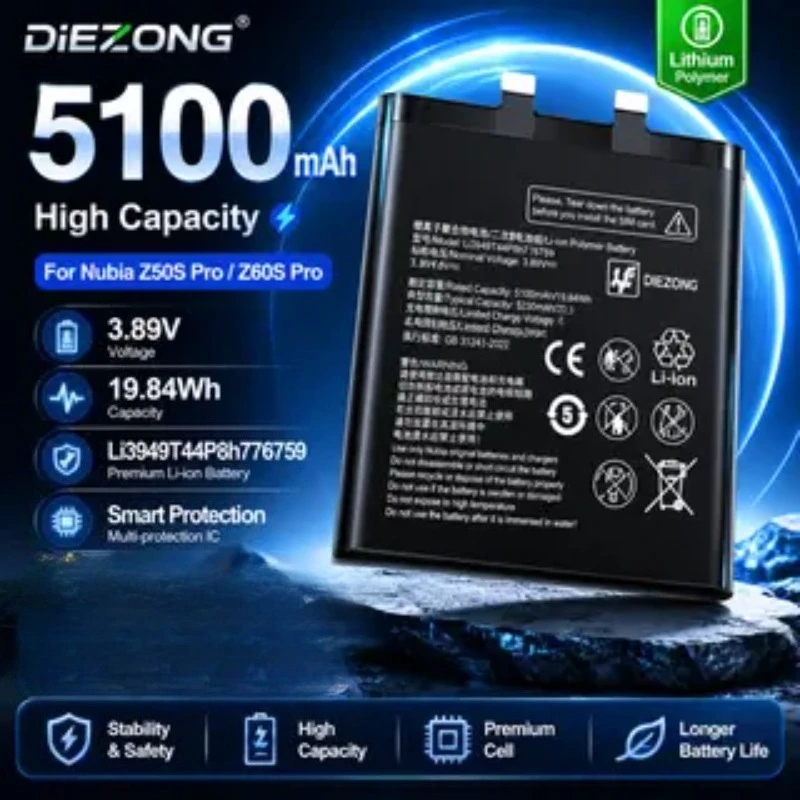 Nouvelle batterie de téléphone portable 2026 Li3949T44P8h776759 3.89V 19.84Wh 5000mAh pour ZTE Nubia Z50S Pro Z60S Pro NX713J, autonomie prolongée en veille