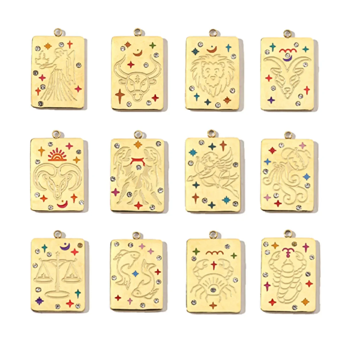 3pcs/Lot Stainless Steel 14k Gold Plated Never Fade 12 Constellation Square Stone Necklace Charms Aries DIY Small Pendant