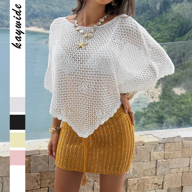 Womens Hollow Crochet Knit Poncho Top Batwing Sleeve Loose Cover Up Beach Shawl Summer Casual Knitwear