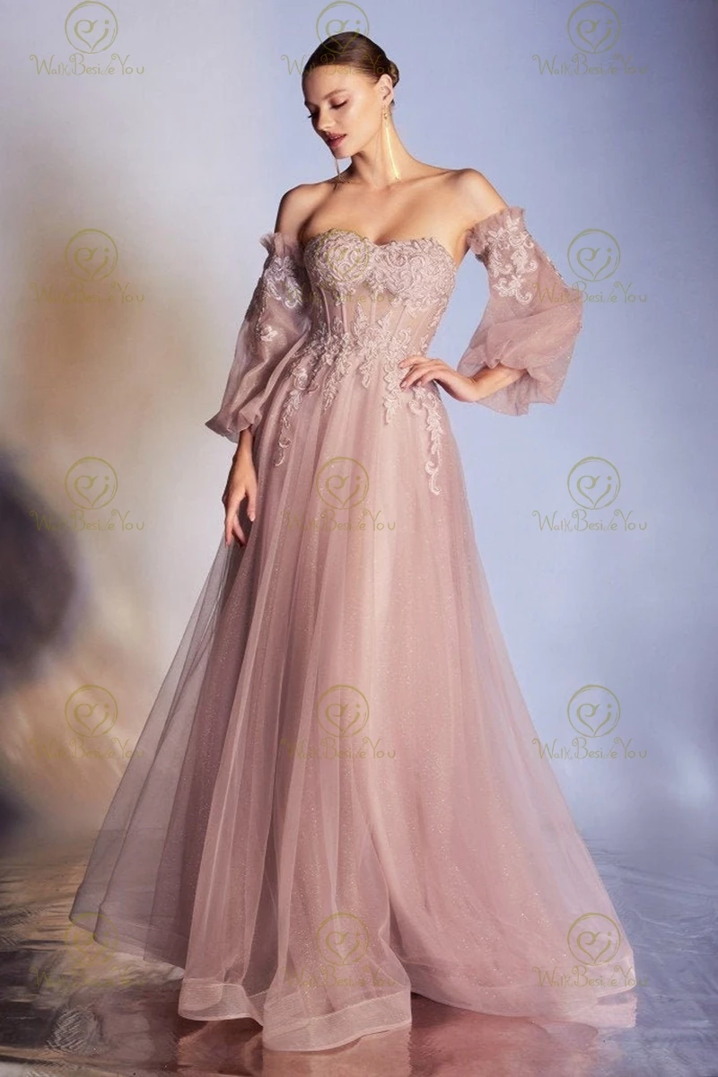 Gaun Prom Glitter 2023 Gaun Malam Lengan Tanpa Tali Bahu Boho Renda Mawar Berdebu Tulle Formal Putri Antik Pesta