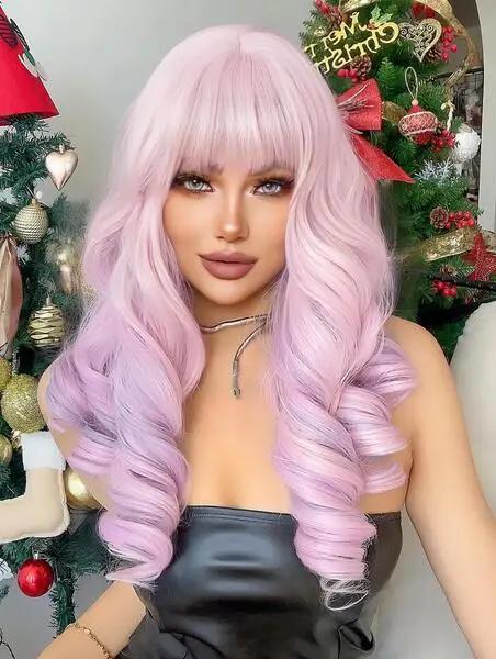 

Cherry blossom pink synthetic wig paired with Bang Long natural curly wig