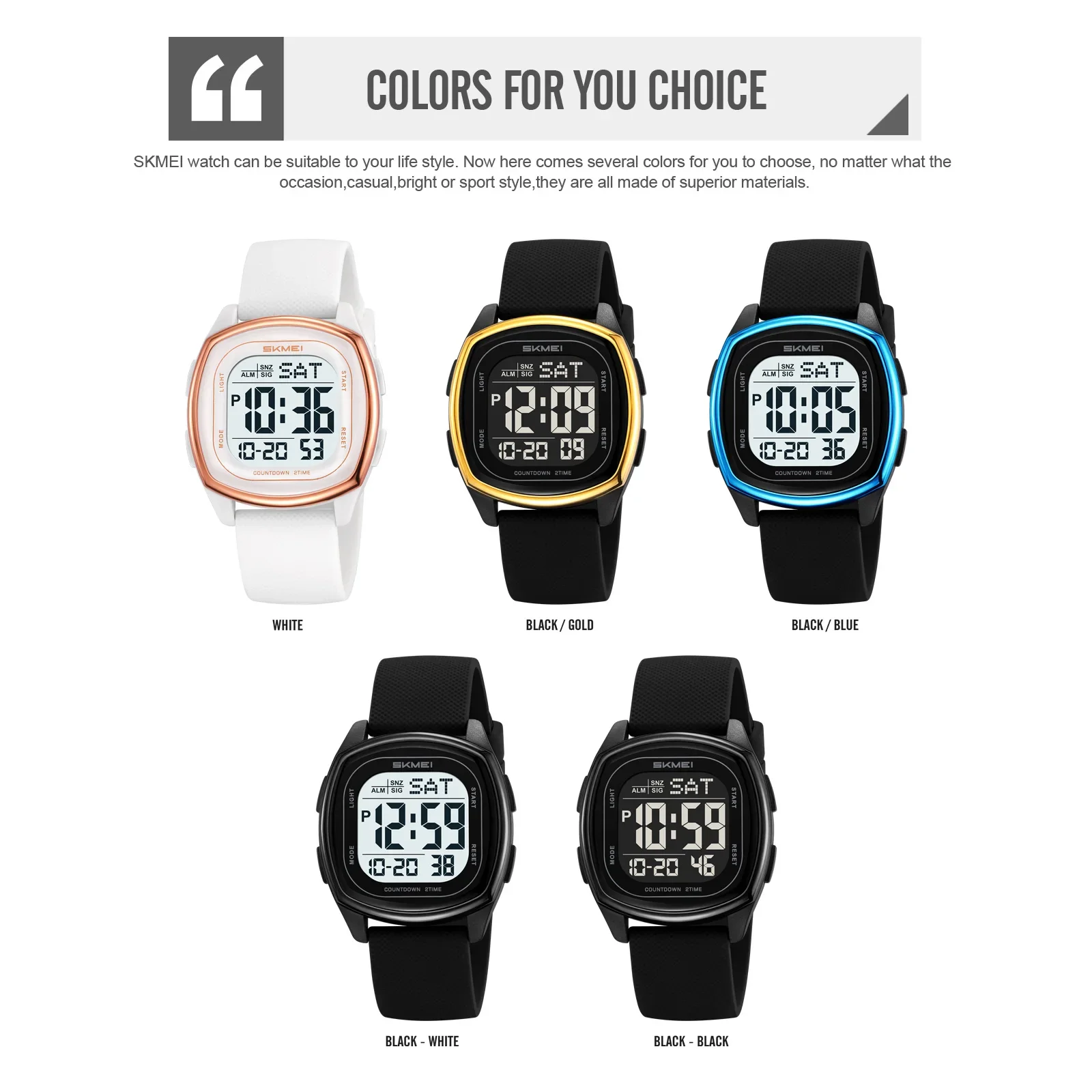 SKMEI 2541 Men's Digital Watch Square Case with Elegant Gold Detailing Silica Gel Band 50M Water Resistant LED Light Countdown