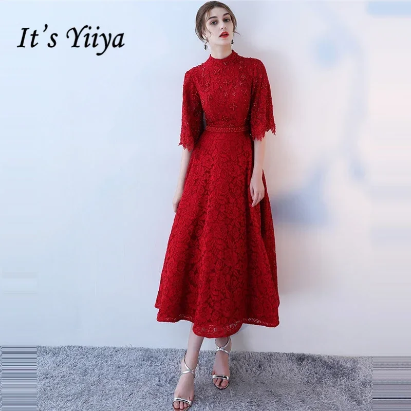 It's Yiiya-Robes de soirée à col haut pour femmes, à lacets, perlées, demi-manches, A-ligne, longueur de thé, grande taille, soirée formelle, quel que soit LX1008