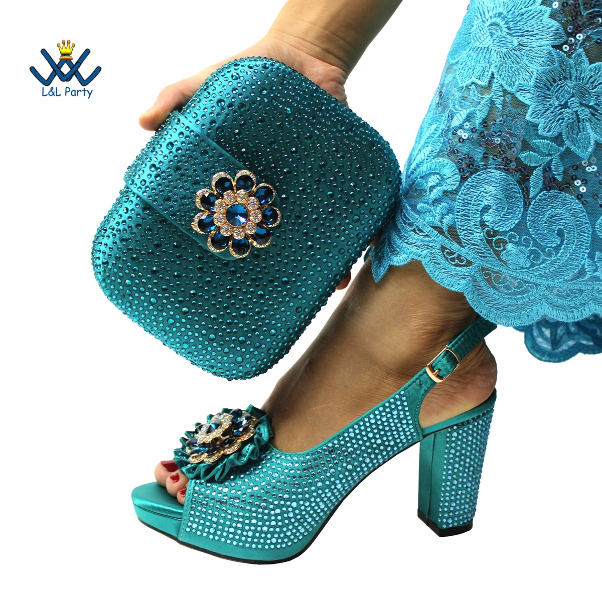 

Teal Color New Fashionable Italian Women Shoes and Bag Matching Shinning Crystal High Quality Comfotable Heels for Wedding