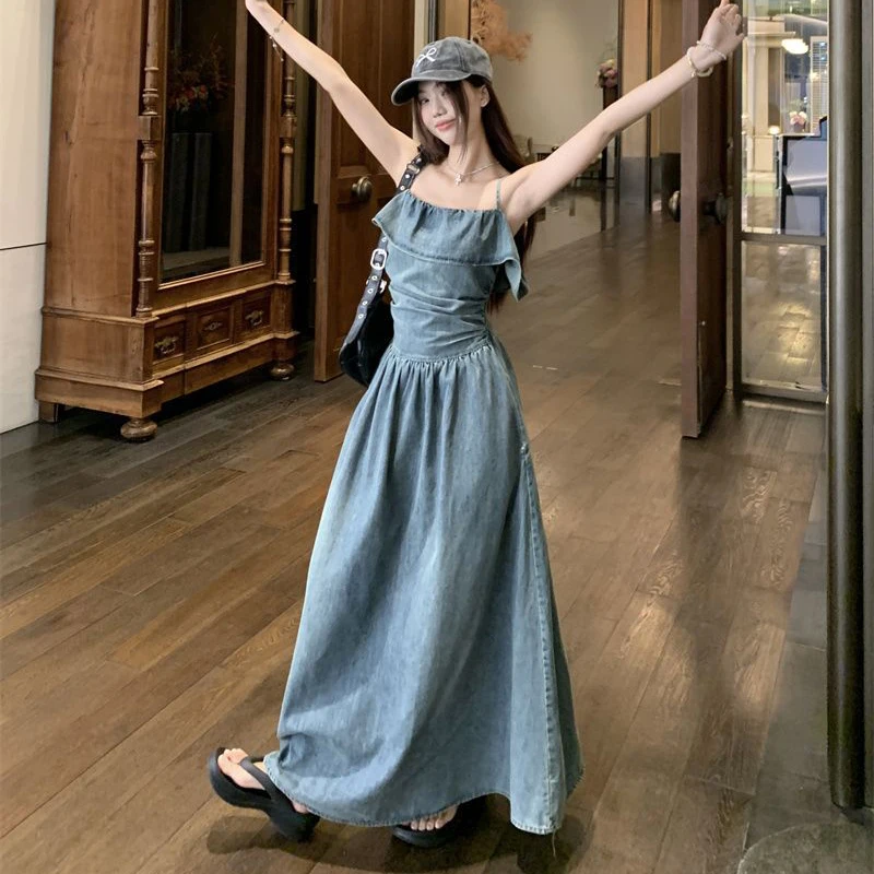 Vintage Ruffle Camis Dress Donna Dolce Casual Ruffle Denim Dress Y2K Summer Chic Night Party Jeans Abiti Mujer Nuovo