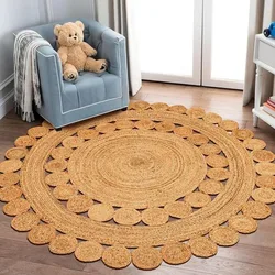 Hand Woven Round Jute Area Rug Braided Round Rugs for Boho Home Office Decor