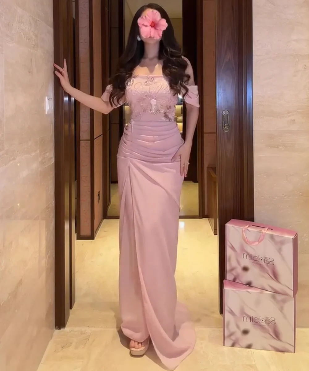 Customized Simple Chiffon Pleat Sequined Flower Straight Off-the-shoulder Long Bespoke Occasion Party Dresses