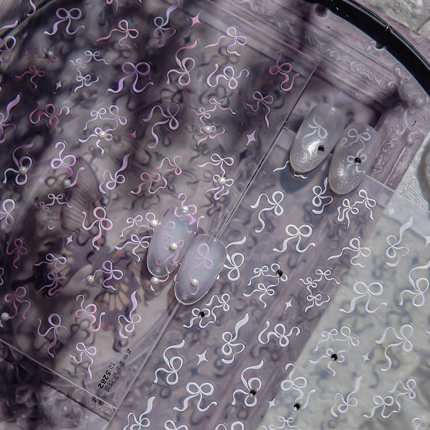 Romantische Roze Wit Zilver Lijn Strik Lint Zirkoon Delicate Vlinderdas Parel Ster Nail Art Stickers Manicure Decals Decoraties