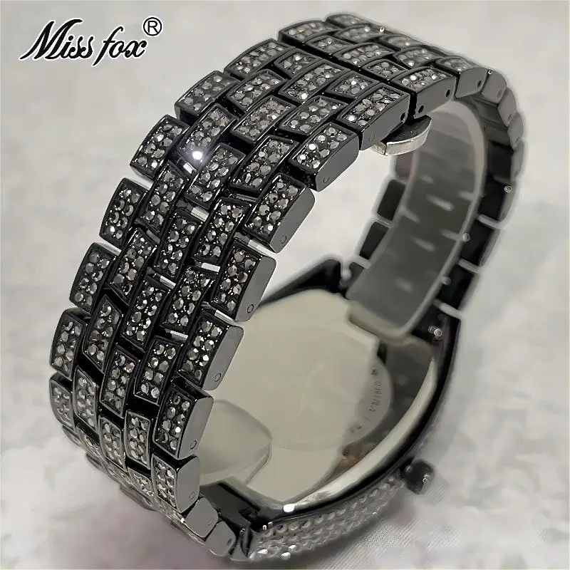 Fashion Cool Black Watches Mens Brand MISSFOX Luxury Tonneau Quartz Clock Hip Hop Iced Diamond Bling Wristwatch Man Dropshipping