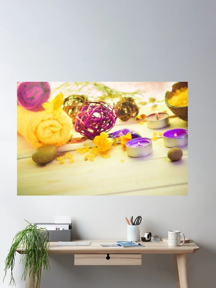 Spa setting with rolled towels, candles, and bath salts, Art Print Canvas Poster, Living Room Decor, Home Wall Picture
