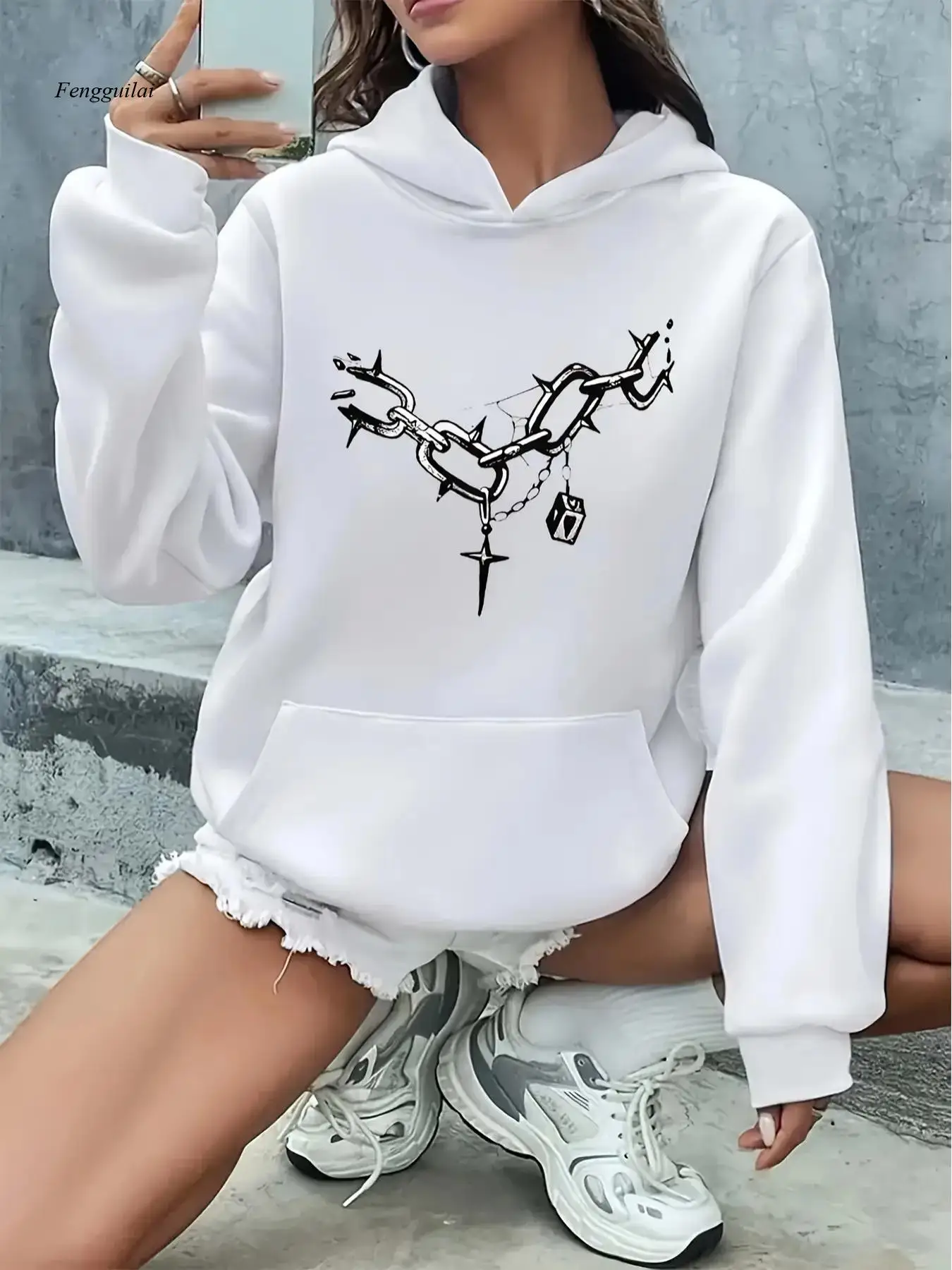 

Толстовка с готическими цепями и сердечками — белая уличная толстовка большого размера с карманами, пуловер с длинными рукавами, свитер с капюшоном